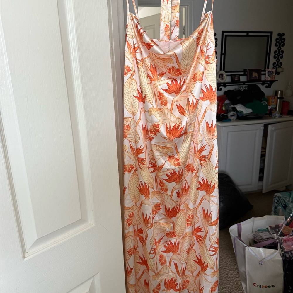 Floral Midi Dress in Orange and Cream